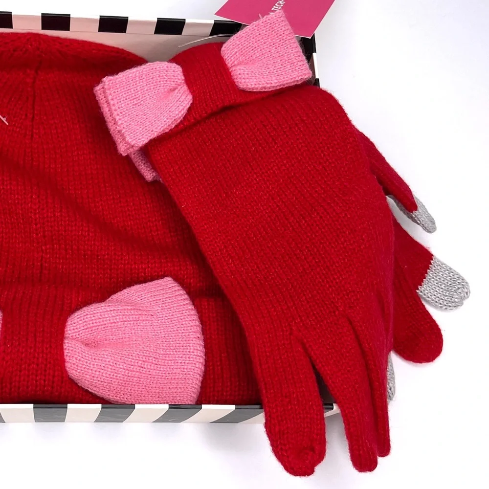 KATE SPADE Beanie Hat and Glove Colorblock Bow Set NEW Charm Red & Pink